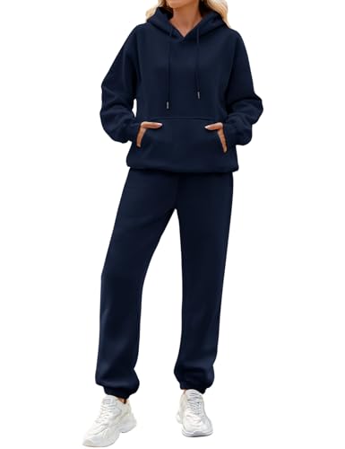 CMTOP Jogginganzug Damen Fleece Zweiteiler Trainingsanzug Weich Baumwolle Hausanzug Hoodies Loungewear Set Dick Tracksuit Warm Freizeitanzug Casual Activewear mit Kordelzug, Taschen(Marineblau, M) von CMTOP