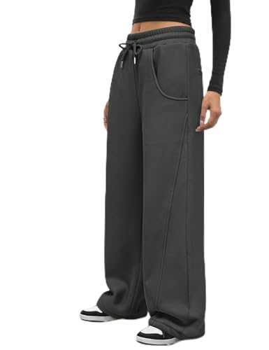 CMTOP Jogginghose Damen Weite Sweathose Lässige Elastische Freizeithose mit Kordelzug Bequeme Lounge Jogger Baggy Sporthosen Mit Taschen Lockere Einfarbige Hosen(Dunkelgrau,S) von CMTOP