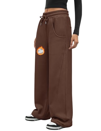 CMTOP Jogginghose Damen Weite Sweathose Lässige Elastische Freizeithose mit Kordelzug Bequeme Lounge Jogger Baggy Sporthosen Mit Taschen Lockere Einfarbige Hosen (Braun, L) von CMTOP
