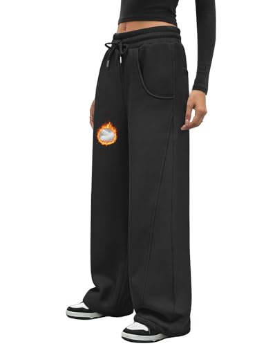 CMTOP Jogginghose Damen Weite Sweathose Lässige Elastische Freizeithose mit Kordelzug Bequeme Lounge Jogger Baggy Sporthosen Mit Taschen Lockere Einfarbige Hosen (Schwarz, XL) von CMTOP