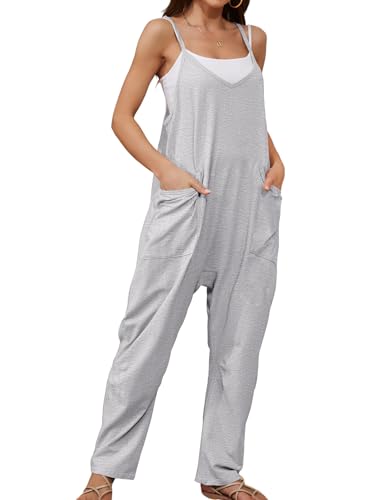 CMTOP Jumpsuit Damen Sommer Lässig V Ausschnitt Baggy Rompers Ärmelloser Latzhosen mit Große Taschen Spaghetti Strap Trägerhose Loose Beiläufig Sommer Strampler(Hellgrau,S) von CMTOP