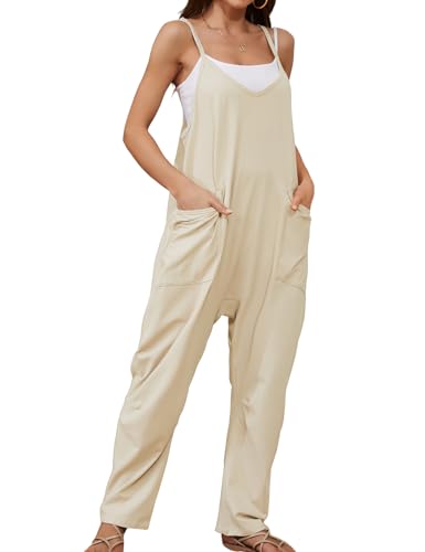 CMTOP Jumpsuit Damen Sommer Lässig V Ausschnitt Baggy Rompers Ärmelloser Latzhosen mit Große Taschen Spaghetti Strap Trägerhose Loose Beiläufig Sommer Strampler(Khaki,XL) von CMTOP