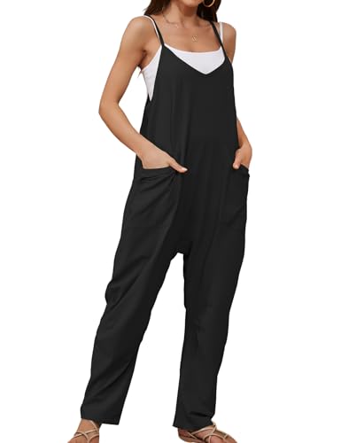 CMTOP Jumpsuit Damen Sommer Lässig V Ausschnitt Baggy Rompers Ärmelloser Latzhosen mit Große Taschen Spaghetti Strap Trägerhose Loose Beiläufig Sommer Strampler(Schwarz,L) von CMTOP