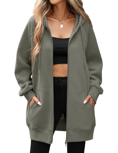 CMTOP Kapuzenpullover Damen Lang Dünne Fleece Hoodie Classics Freizeit Sweatshirt Basic Casual Sweatjacke Einfarbig Kapuzenjacke Streetwear Hoody mit Kapuze Reißverschluss Taschen(Dunkelgrau,XL) von CMTOP