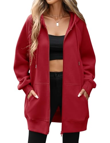 CMTOP Kapuzenpullover Damen Lang Dünne Fleece Hoodie Classics Freizeit Sweatshirt Basic Casual Sweatjacke Einfarbig Kapuzenjacke Streetwear Hoody mit Kapuze Reißverschluss Taschen(Weinrot,M) von CMTOP