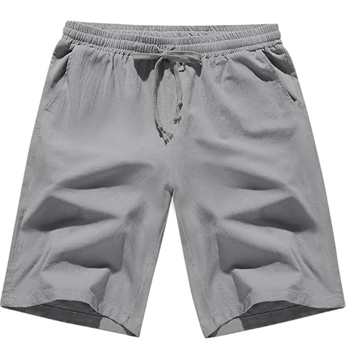 CMTOP Kurze Hosen Herren Sommer Leinenhose Kurz Leichte Luftige Herren-Shorts Einfarbige Baumwolle Locker Kurze Freizeithose Elastische Taille Sommershorts mit Taschen und Tunnelzug(Grau, L) von CMTOP