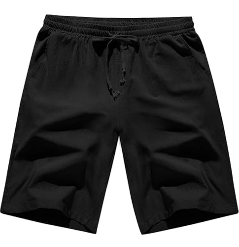 CMTOP Kurze Hosen Herren Sommer Leinenhose Kurz Leichte Luftige Herren-Shorts Einfarbige Baumwolle Locker Kurze Freizeithose Elastische Taille Sommershorts mit Taschen und Tunnelzug(Schwarz, M) von CMTOP