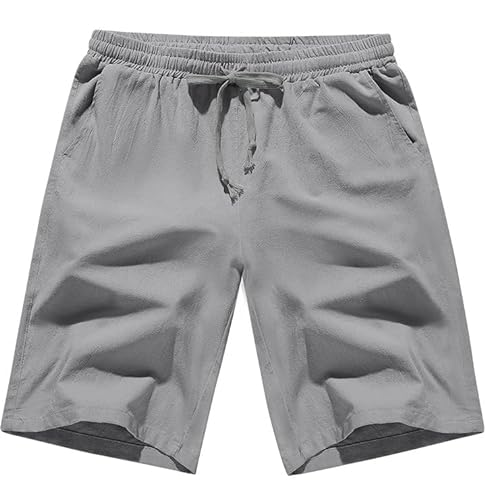 CMTOP Kurze Hosen Herren Sommer Leinenhose Kurz Leichte Luftige Herren-Shorts Einfarbige Baumwolle Locker Kurze Freizeithose Elastische Taille Sommershorts mit Taschen und Tunnelzug(Grau, M) von CMTOP