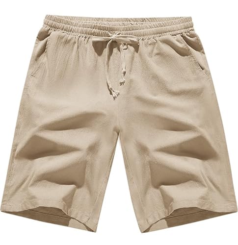 CMTOP Kurze Hosen Herren Sommer Leinenhose Kurz Leichte Luftige Herren-Shorts Einfarbige Baumwolle Locker Kurze Freizeithose Elastische Taille Sommershorts mit Taschen und Tunnelzug(Khaki, L) von CMTOP