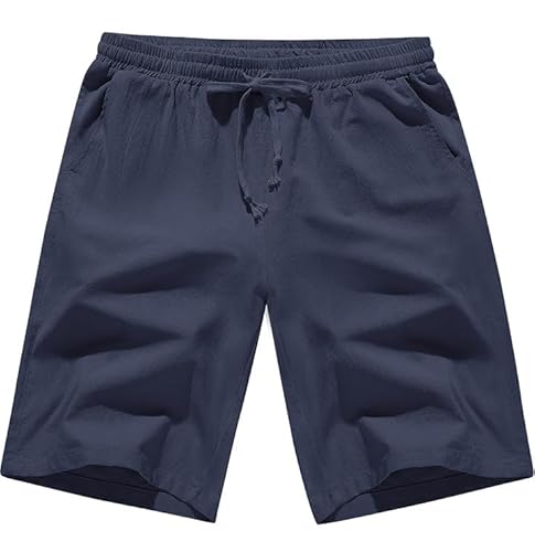 CMTOP Kurze Hosen Herren Sommer Leinenhose Kurz Leichte Luftige Herren-Shorts Einfarbige Baumwolle Locker Kurze Freizeithose Elastische Taille Sommershorts mit Taschen und Tunnelzug(Marine, M) von CMTOP