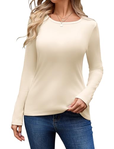 CMTOP Langarmshirt Damen Fleece Thermo Oberteile Winter Rundhals Longsleeve Warme Pullover Langarm Unterhemd Elegant Thermoshirt Tshirts Basic Tops (Apricot, S) von CMTOP