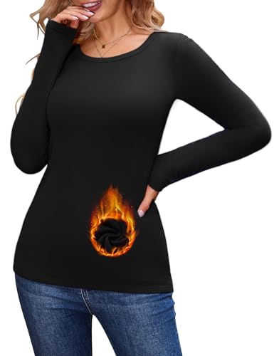 CMTOP Langarmshirt Damen Fleece Thermo Oberteile Winter Rundhals Longsleeve Warme Pullover Langarm Unterhemd Elegant Thermoshirt Tshirts Basic Tops (Schwarz, XL) von CMTOP
