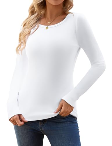 CMTOP Langarmshirt Damen Fleece Thermo Oberteile Winter Rundhals Longsleeve Warme Pullover Langarm Unterhemd Elegant Thermoshirt Tshirts Basic Tops (Weiß, S) von CMTOP