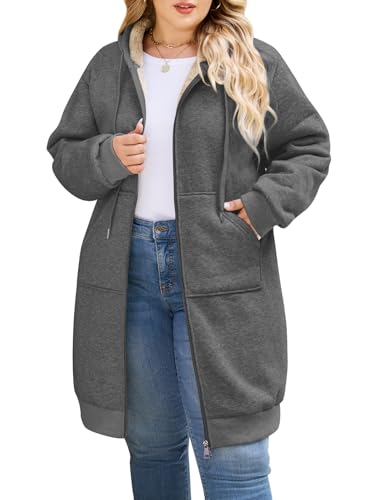 CMTOP Lange Hoodie Damen mit Reißverschluss Oversize Kapuzen Fleecejacke Warme Casual Kapuzenjacke mit Taschen Herbst Winter Langarm Strickjacke Einfarbig Elegant Sweatjacke(Dunkelgrau, XL) von CMTOP
