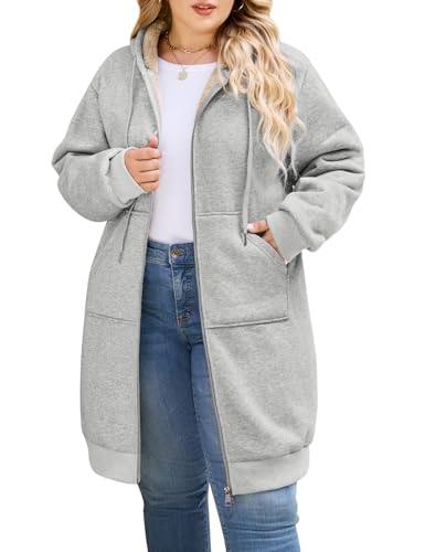 CMTOP Lange Hoodie Damen mit Reißverschluss Oversize Kapuzen Fleecejacke Warme Casual Kapuzenjacke mit Taschen Herbst Winter Langarm Strickjacke Einfarbig Elegant Sweatjacke(Hellgrau, 3XL) von CMTOP