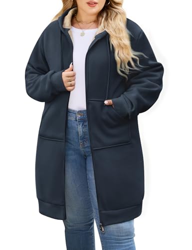 CMTOP Lange Hoodie Damen mit Reißverschluss Oversize Kapuzen Fleecejacke Warme Casual Kapuzenjacke mit Taschen Herbst Winter Langarm Strickjacke Einfarbig Elegant Sweatjacke(Marineblau, 4XL) von CMTOP