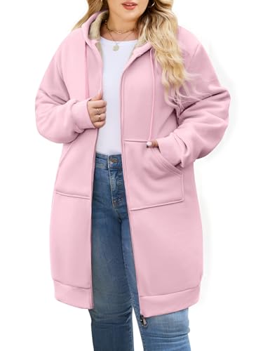 CMTOP Lange Hoodie Damen mit Reißverschluss Oversize Kapuzen Fleecejacke Warme Casual Kapuzenjacke mit Taschen Herbst Winter Langarm Strickjacke Einfarbig Elegant Sweatjacke(Rosa, XXL) von CMTOP