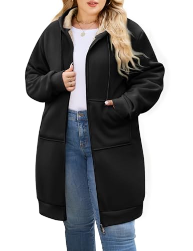 CMTOP Lange Hoodie Damen mit Reißverschluss Oversize Kapuzen Fleecejacke Warme Casual Kapuzenjacke mit Taschen Herbst Winter Langarm Strickjacke Einfarbig Elegant Sweatjacke(Schwarz, XXL) von CMTOP