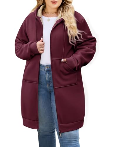 CMTOP Lange Hoodie Damen mit Reißverschluss Oversize Kapuzen Fleecejacke Warme Casual Kapuzenjacke mit Taschen Herbst Winter Langarm Strickjacke Einfarbig Elegant Sweatjacke(Weinrot, XXL) von CMTOP