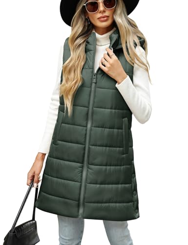 CMTOP Lange Steppweste Damen Leichte Weste mit Kapuze Warme Lässiges Übergangsweste Ärmellos Winterjacke mit Reissverschluss Taschen Lose Outdoorjacke für Wandern Camping(Armeegrün, M) von CMTOP