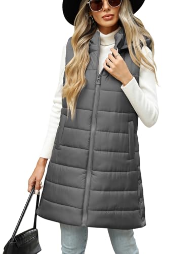 CMTOP Lange Steppweste Damen Leichte Weste mit Kapuze Warme Lässiges Übergangsweste Ärmellos Winterjacke mit Reissverschluss Taschen Lose Outdoorjacke für Wandern Camping(Grau, M) von CMTOP
