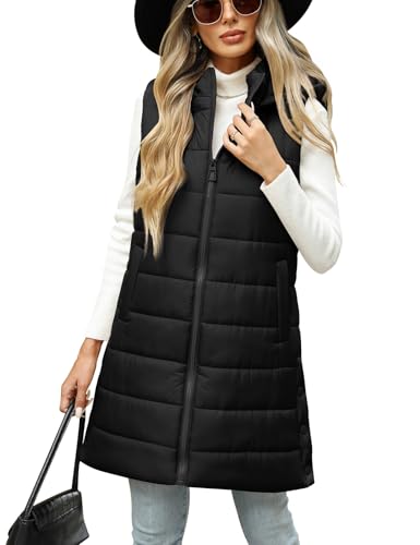 CMTOP Lange Steppweste Damen Leichte Weste mit Kapuze Warme Lässiges Übergangsweste Ärmellos Winterjacke mit Reissverschluss Taschen Lose Outdoorjacke für Wandern Camping(Schwarz, S) von CMTOP