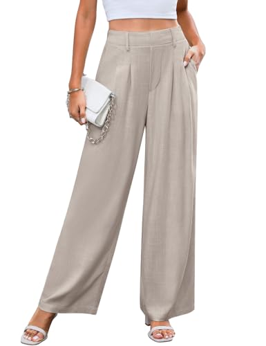 CMTOP Leinenhose Damen Lässig Sommerhose Weites Bein Leicht Stoffhose Elegant Business Hose Hohe Taille Culotte Hose mit Taschen von CMTOP