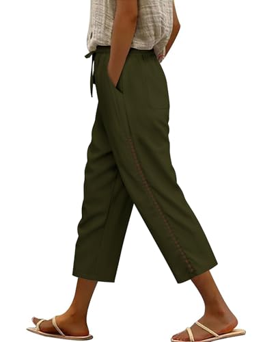 CMTOP Leinenhose Damen Leichtgewicht Caprihose Baggy Sommerhose mit Kordelzug Lässige 3/4 Freizeithose mit Taschen Stoffhose Damen Sommer Bequeme Strandhose von CMTOP