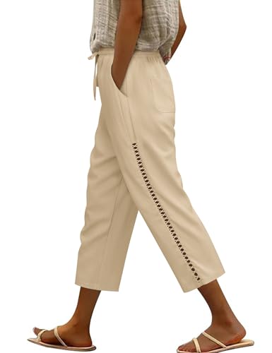 CMTOP Leinenhose Damen Leichtgewicht Caprihose Baggy Sommerhose mit Kordelzug Lässige 3/4 Freizeithose mit Taschen Stoffhose Damen Sommer Bequeme Strandhose von CMTOP