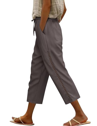 CMTOP Leinenhose Damen Leichtgewicht Caprihose Baggy Sommerhose mit Kordelzug Lässige 3/4 Freizeithose mit Taschen Stoffhose Damen Sommer Bequeme Strandhose von CMTOP