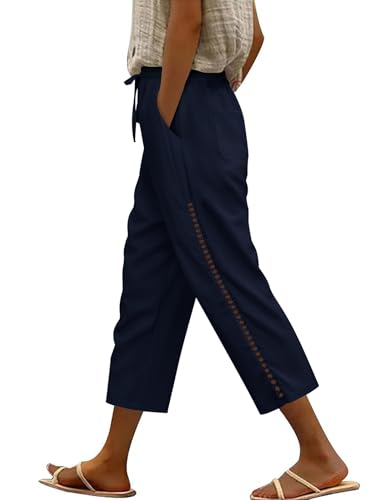 CMTOP Leinenhose Damen Leichtgewicht Caprihose Baggy Sommerhose mit Kordelzug Lässige 3/4 Freizeithose mit Taschen Stoffhose Damen Sommer Bequeme Strandhose von CMTOP