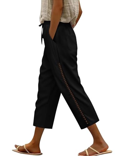 CMTOP Leinenhose Damen Leichtgewicht Caprihose Baggy Sommerhose mit Kordelzug Lässige 3/4 Freizeithose mit Taschen Stoffhose Damen Sommer Bequeme Strandhose von CMTOP
