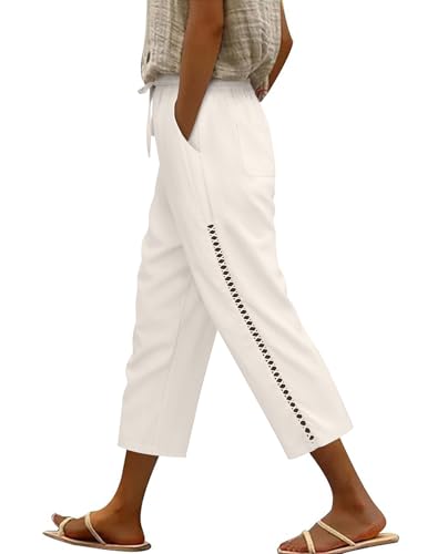 CMTOP Leinenhose Damen Leichtgewicht Caprihose Baggy Sommerhose mit Kordelzug Lässige 3/4 Freizeithose mit Taschen Stoffhose Damen Sommer Bequeme Strandhose von CMTOP