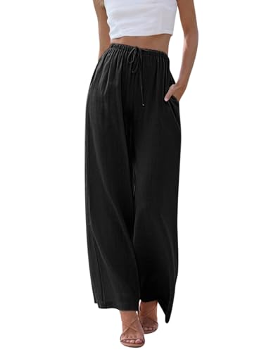 CMTOP Leinenhose Damen Sommer Hohe Taille Freizeithose mit Taschen Elastische Flowy Weite Hose mit Kordelzug Elegant Streetwear für Mädchen(Schwarz,L) von CMTOP