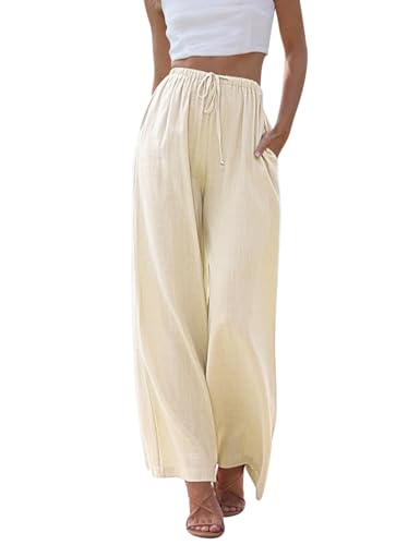 CMTOP Leinenhose Damen Sommer Hohe Taille Freizeithose mit Taschen Elastische Flowy Weite Hose mit Kordelzug Elegant Streetwear für Mädchen(Beige,L) von CMTOP