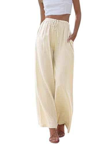 CMTOP Leinenhose Damen Sommer Hohe Taille Freizeithose mit Taschen Elastische Flowy Weite Hose mit Kordelzug Elegant Streetwear für Mädchen(Beige,M) von CMTOP