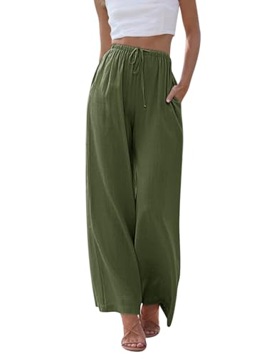 CMTOP Leinenhose Damen Sommer Hohe Taille Freizeithose mit Taschen Elastische Flowy Weite Hose mit Kordelzug Elegant Streetwear für Mädchen(Militärgrün,L) von CMTOP