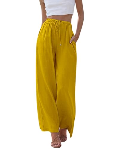 CMTOP Leinenhose Damen Sommer Hohe Taille Freizeithose mit Taschen Elastische Flowy Weite Hose mit Kordelzug Elegant Streetwear für Mädchen von CMTOP