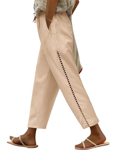 CMTOP Leinenhose Damen Weite Freizeithose mit Kordelzug und Taschen 7/8 Elastische Gerades Bein Sommerhose Bequeme Strandhose aus Baumwolle(Khaki,M) von CMTOP