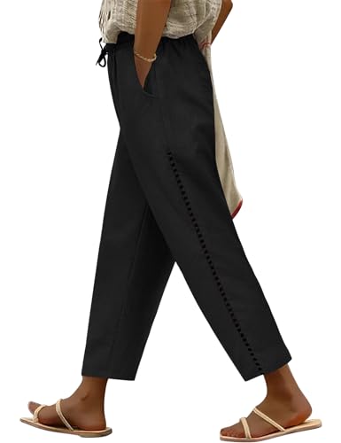 CMTOP Leinenhose Damen Weite Freizeithose mit Kordelzug und Taschen 7/8 Elastische Gerades Bein Sommerhose Bequeme Strandhose aus Baumwolle(Schwarz,S) von CMTOP