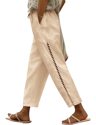 CMTOP Leinenhose Damen Weite Freizeithose mit Kordelzug und Taschen 7/8 Elastische Gerades Bein Sommerhose Bequeme Strandhose aus Baumwolle von CMTOP
