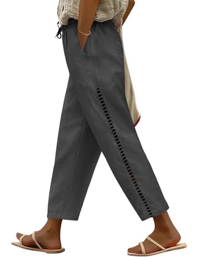 CMTOP Leinenhose Damen Weite Freizeithose mit Kordelzug und Taschen 7/8 Elastische Gerades Bein Sommerhose Bequeme Strandhose aus Baumwolle von CMTOP