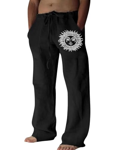 CMTOP Leinenhosen Herren Lang Leicht Sommerhose mit Taschen Elastischer Bund Freizeithose mit Kordelzug Casual Strandhosen von CMTOP