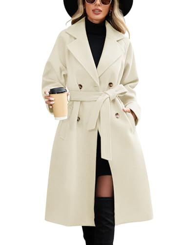 CMTOP Mantel Damen Lang Elegant Zweireihiger Trenchcoat Damen Revers Doppelreihiger Windjacke Warme Klassische Übergangsmantel Langer mit Gürtel und Tasche für Frühling und Herbst(Beige,L) von CMTOP