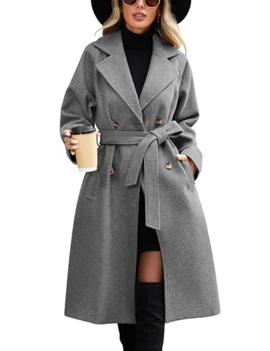 CMTOP Mantel Damen Lang Elegant Zweireihiger Trenchcoat Damen Revers Doppelreihiger Windjacke Warme Klassische Übergangsmantel Langer mit Gürtel und Tasche für Frühling und Herbst(Grau,M) von CMTOP