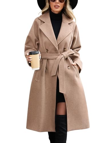 CMTOP Mantel Damen Lang Elegant Zweireihiger Trenchcoat Damen Revers Doppelreihiger Windjacke Warme Klassische Übergangsmantel Langer mit Gürtel und Tasche für Frühling und Herbst(Khaki,M) von CMTOP