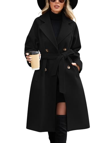 CMTOP Mantel Damen Lang Elegant Zweireihiger Trenchcoat Damen Revers Doppelreihiger Windjacke Warme Klassische Übergangsmantel Langer mit Gürtel und Tasche für Frühling und Herbst(Schwarz,XL) von CMTOP