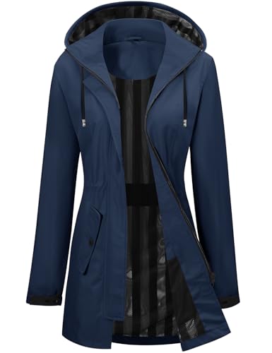 CMTOP Regenjacke Damen Wasserdicht Lang Übergangsjacke Herbst, Leicht Kordelzug Regenmantel Dünne Windbreaker Outdoorjacke, Kapuze Wanderjacke Funktionsjacke Windjacke Regenparka(Marineblau,L) von CMTOP