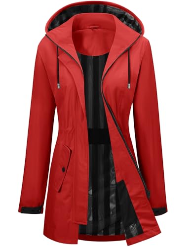 CMTOP Regenjacke Damen Wasserdicht Lang Übergangsjacke Herbst, Leicht Kordelzug Regenmantel Dünne Windbreaker Outdoorjacke, Kapuze Wanderjacke Funktionsjacke Windjacke Regenparka(Rot,L) von CMTOP