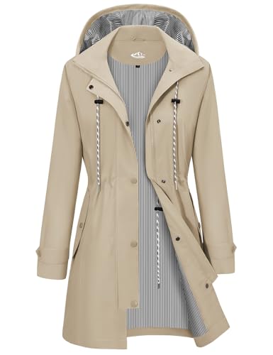 CMTOP Regenjacke Damen Wasserdicht Regenmantel Lang Faltbar Windbreaker Softshelljacke mit Kapuze Leicht Atmungsaktiv Futter Übergangsjacke für Frühling Sommer und Herbst(Khaki, XXL) von CMTOP